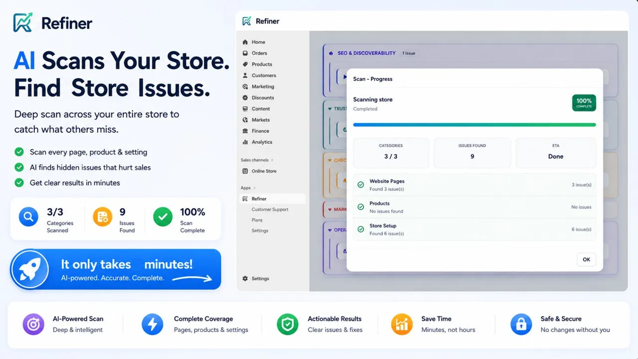 Refiner full store scan progress inside Shopify Admin